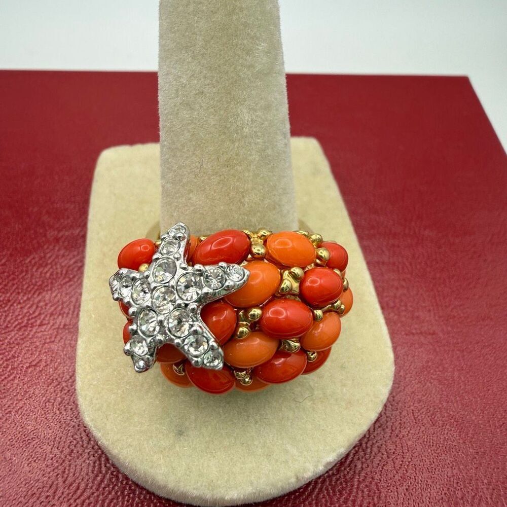 Kenneth Jay Lane Gold Plated Coral Crystal Starfish Bombé Cocktail Ring sz 9New